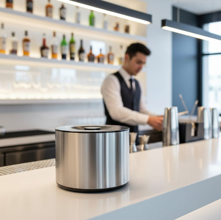 Eiswürfelbehälter 10 Liter | rund | gebürstete Aluminium-Optik | Kunststoff